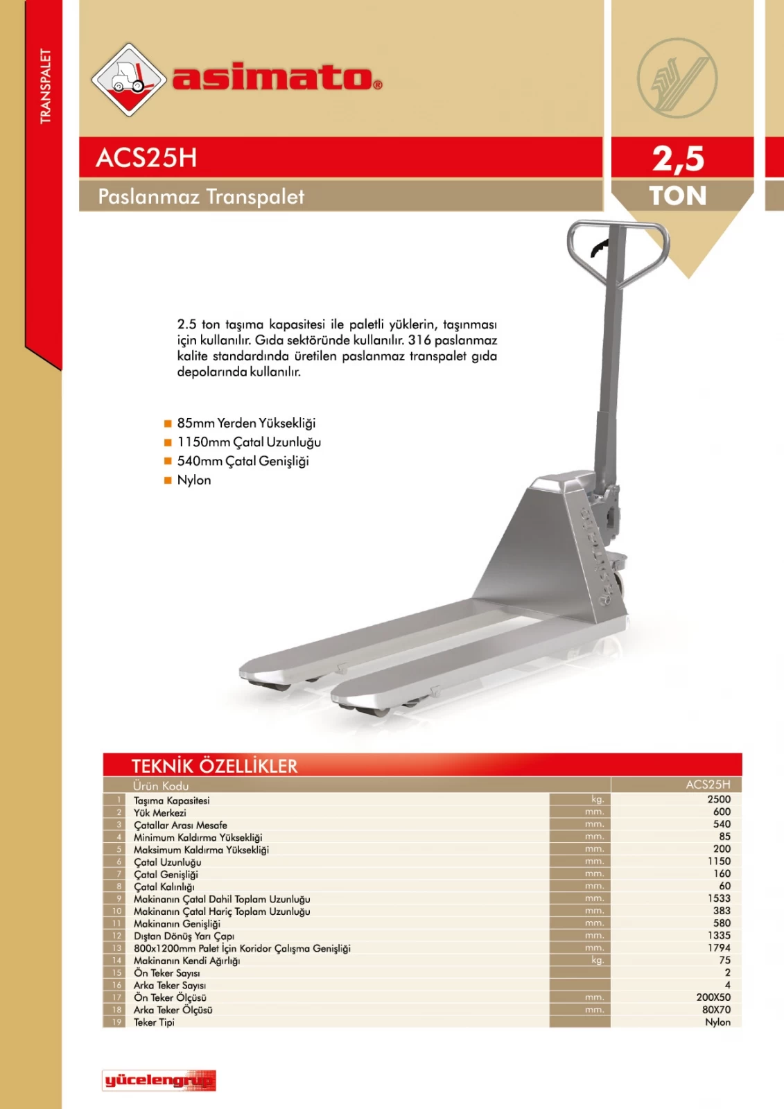ACS25H Manuel Paslanmaz Transpalet